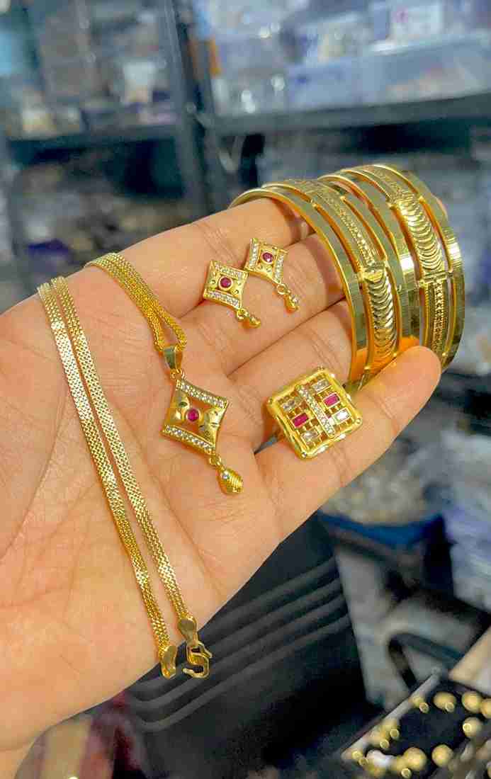 Gold Plated Pendant With Tops Ad Adjustable Ring With Bangle Combo